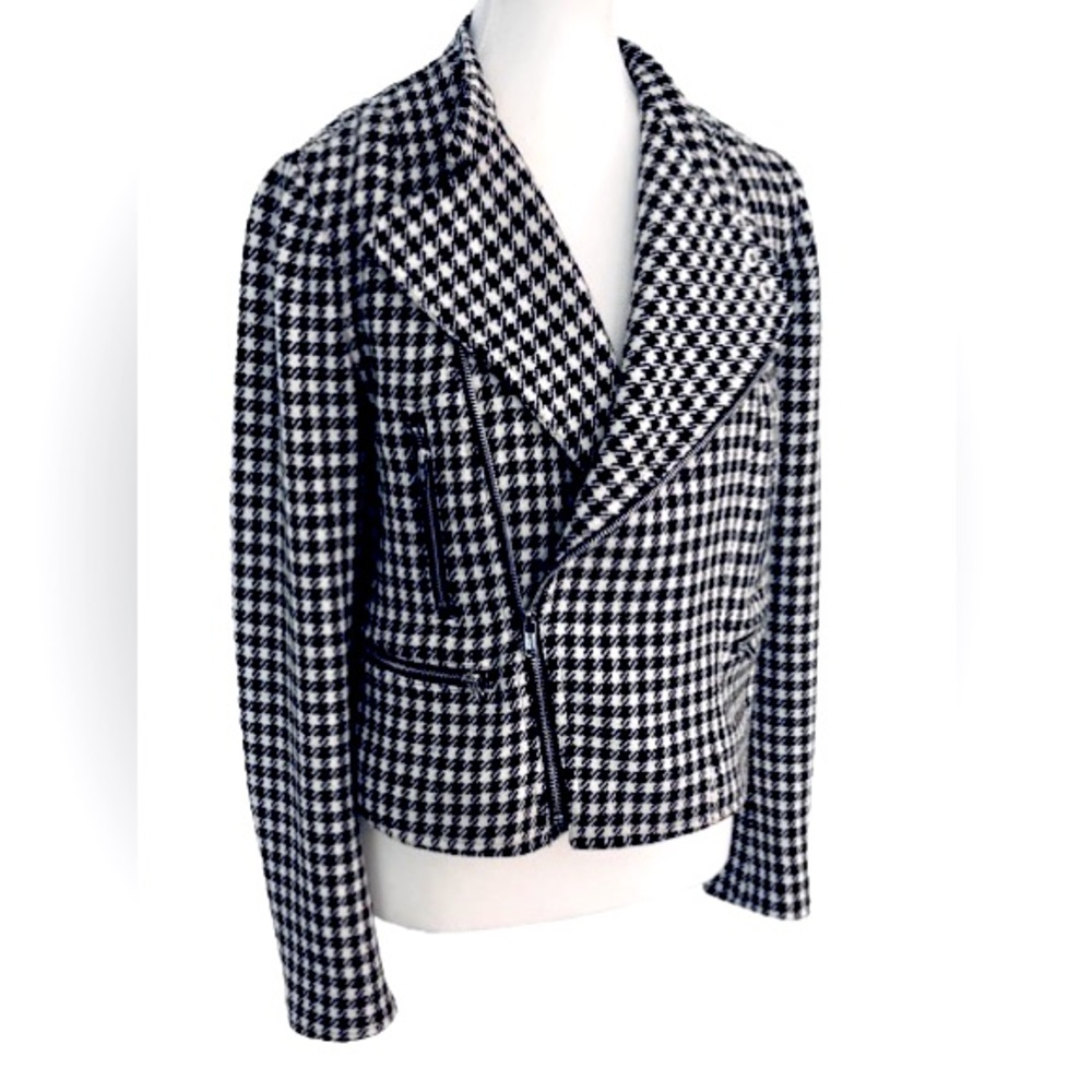Ralph Lauren Houndstooth Jacket Wool Black white Moto Designer Vintage 6